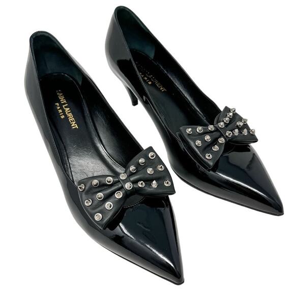 Saint Laurent YSL silver spike studded bow point toe pump kitten heel 50 size 39 - Picture 1 of 15